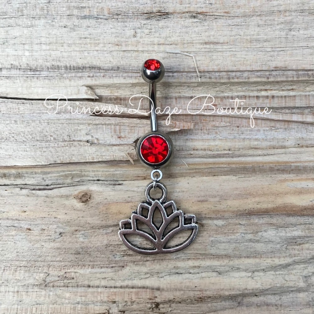 Lotus Flower Belly Button Ring Red Rhinestone Dangle Navel Piercing